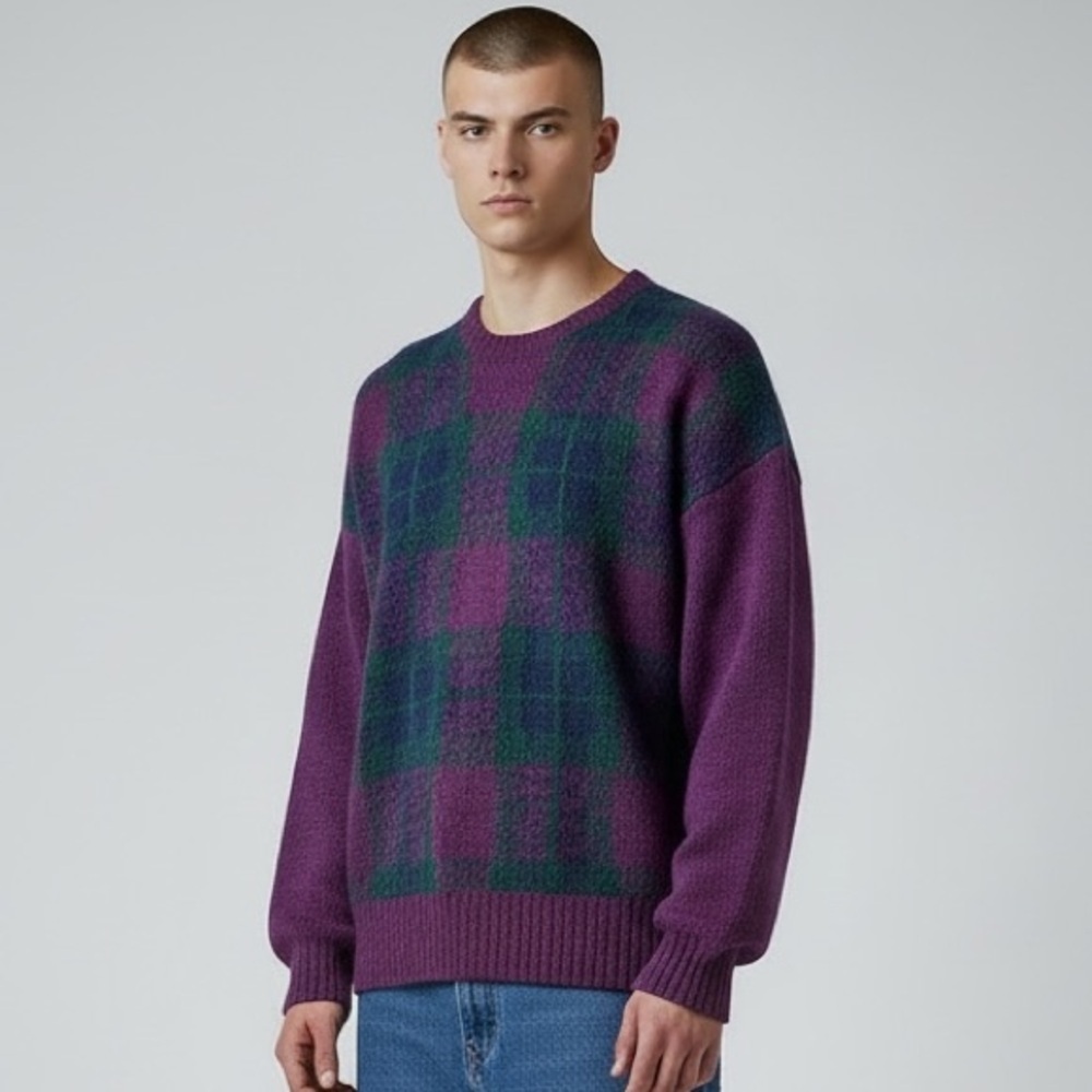 Vintage Marshall Fields 100% Shetland Wool Purple and Green Plaid Men's Sweater